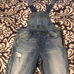 Distressed V back overalls